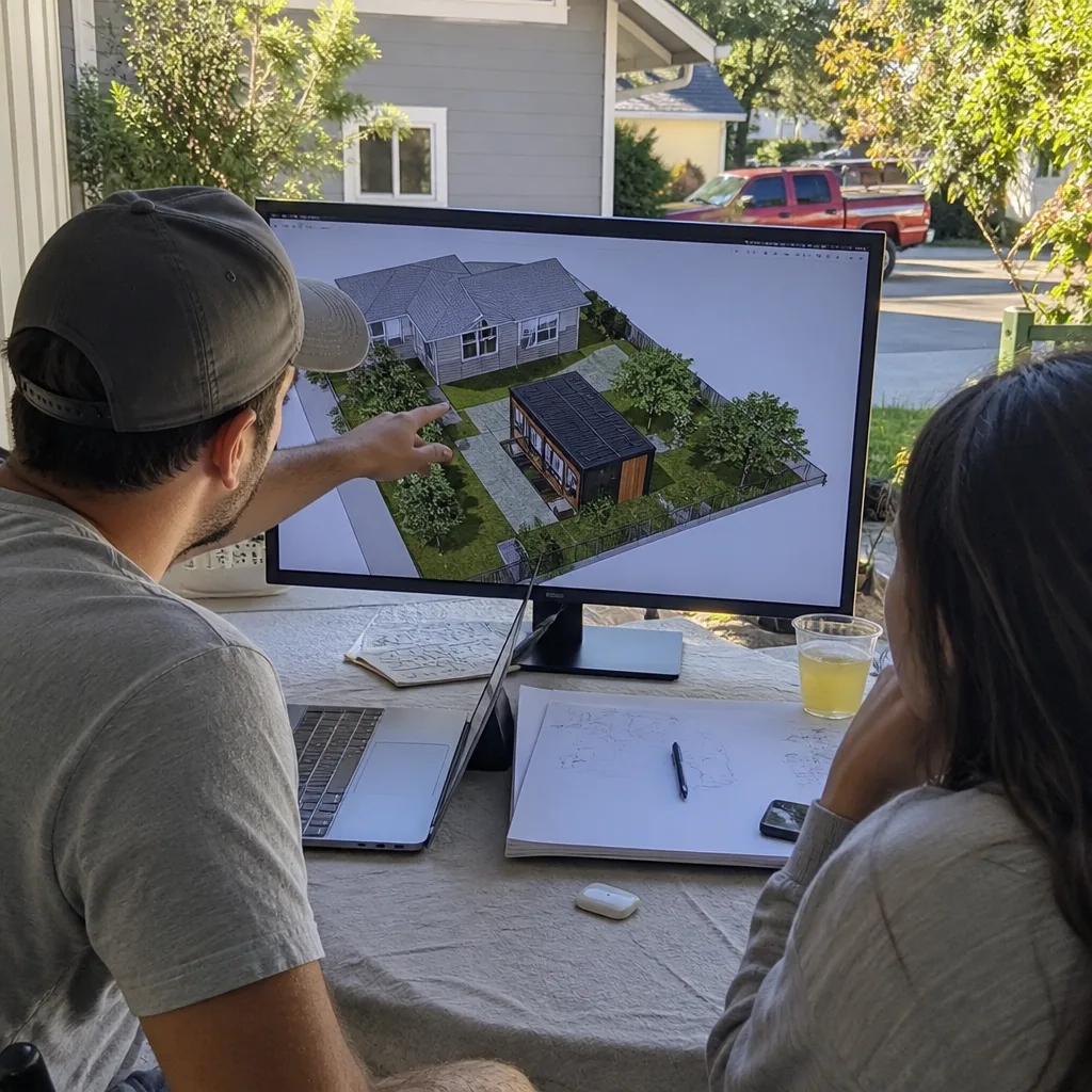 Designer and client reviewing professional ADU architectural design plans