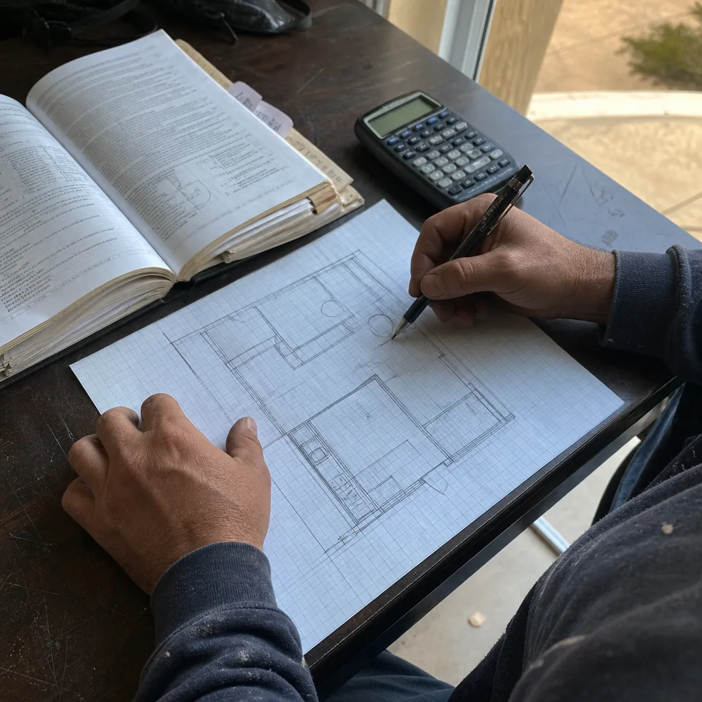 Professional designer drawing custom ADU floor plans on grid paper