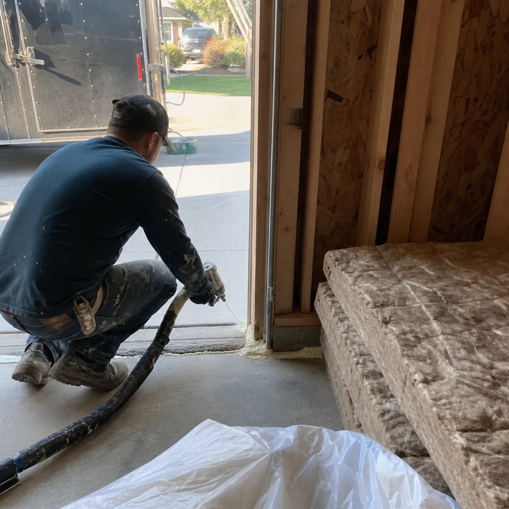 professional applying spray foam insulation for garage conversion ADU project