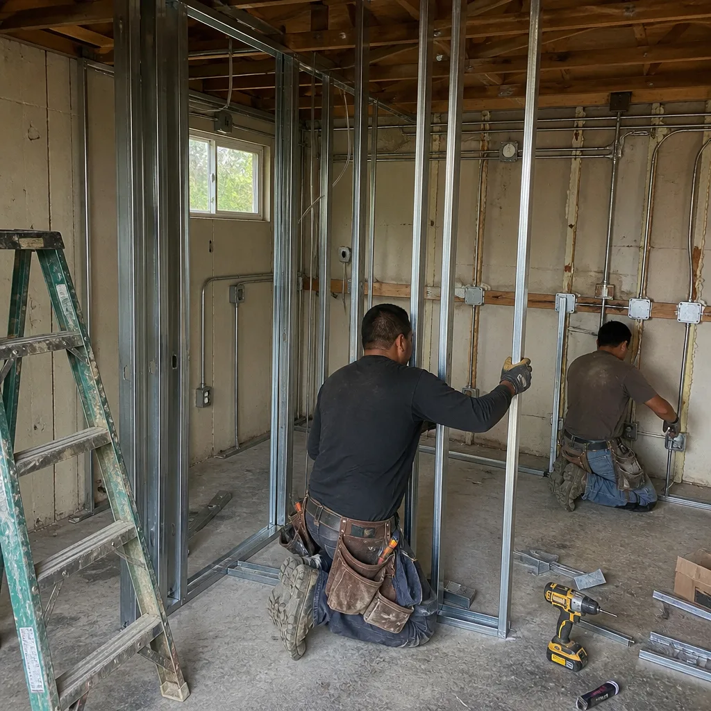 Contractors installing metal wall studs for a professional garage conversion project