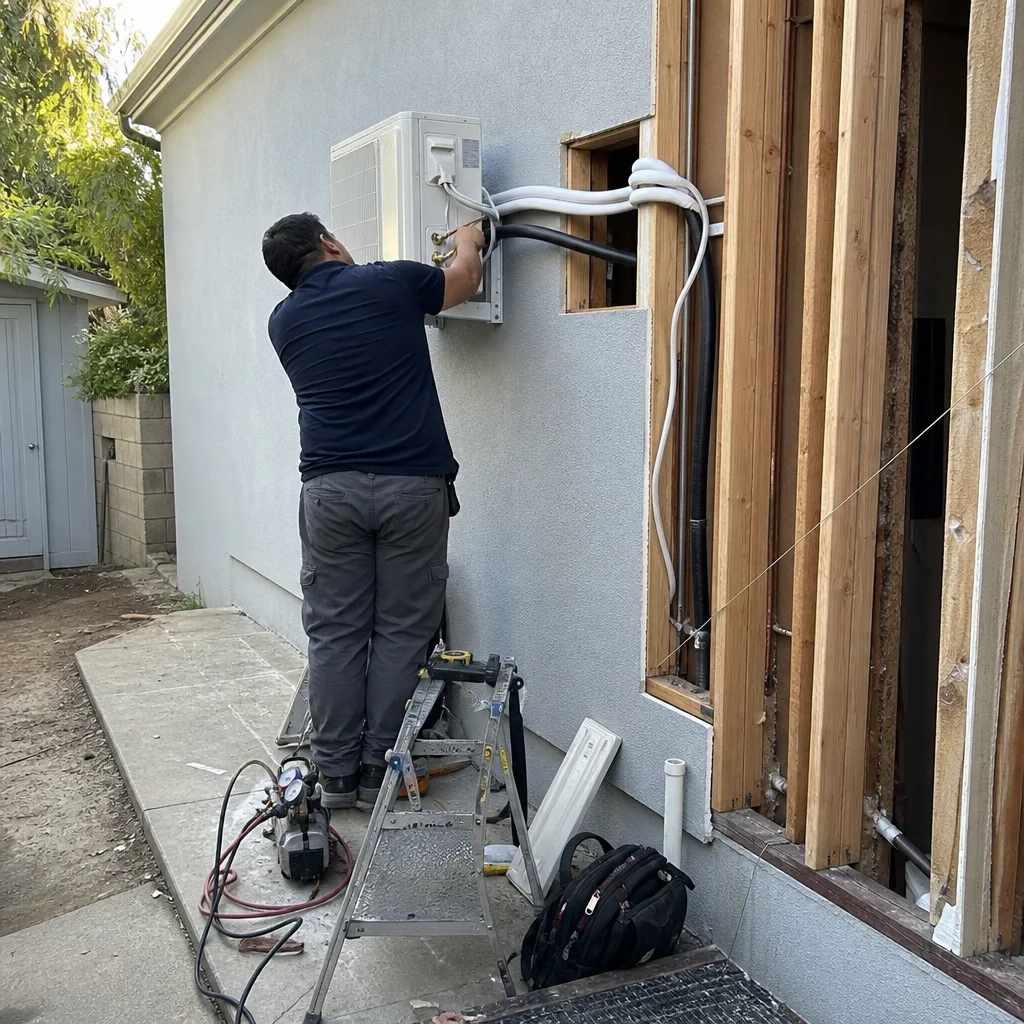 HVAC technician installing outdoor condenser unit for garage conversion ADU project