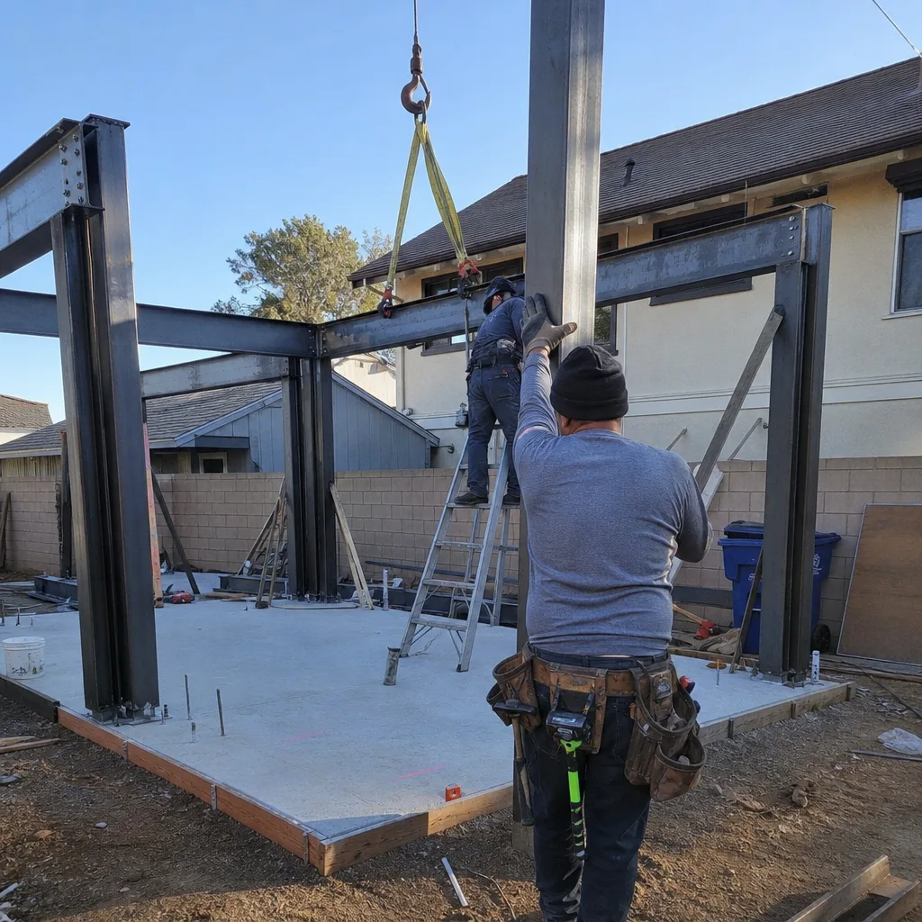 construction workers assembling steel frame for a new detached ADU