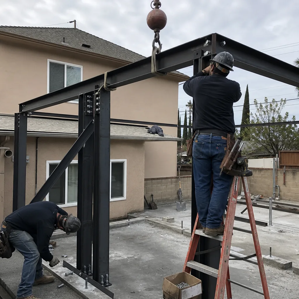 Workers installing steel framing for a new detached ADU structure