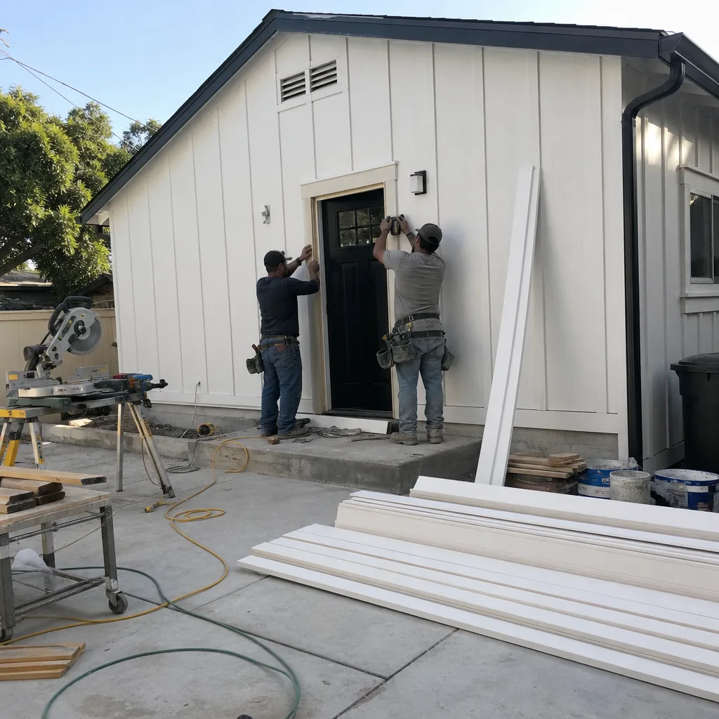Two contractors installing exterior door trim on a modern white ADU